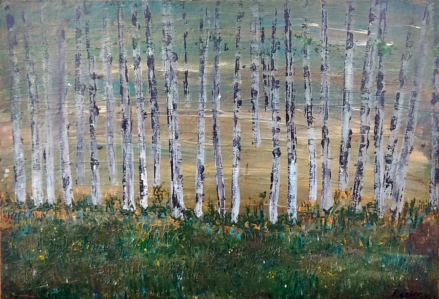 Bosque de troncos blancos sobre fondo azul