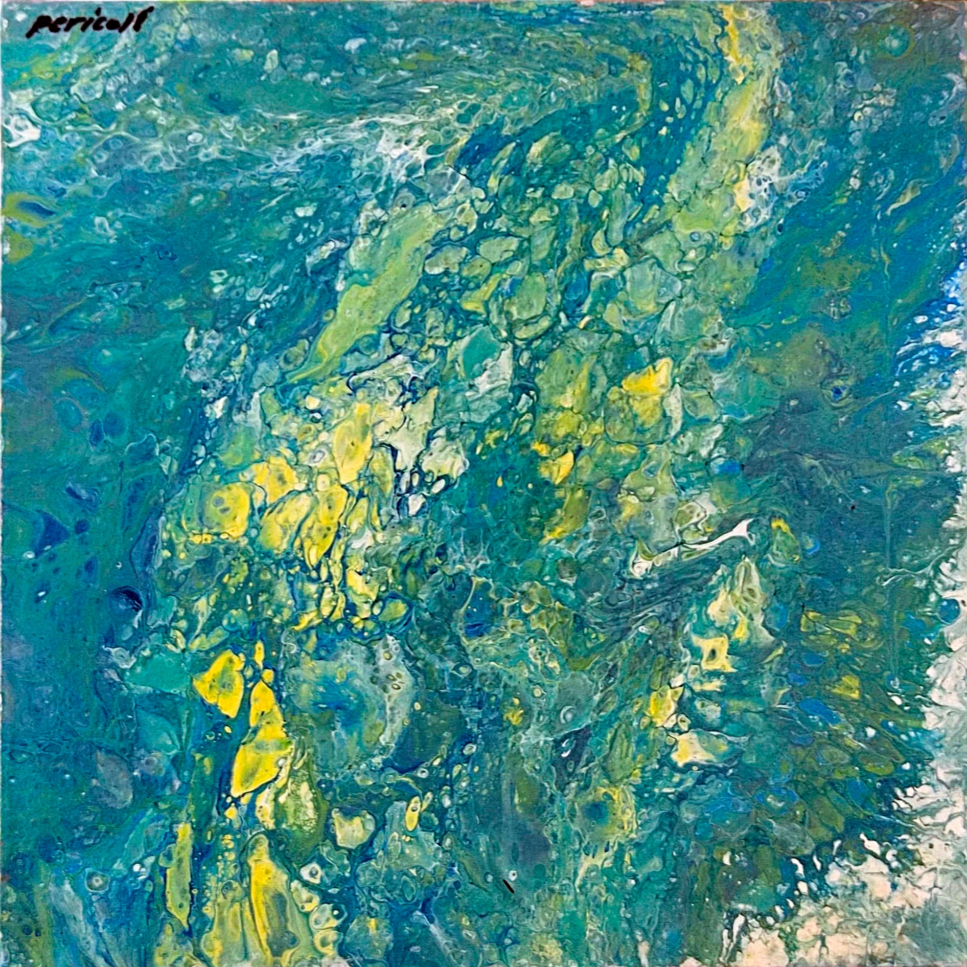 Pintura matérica en azules y amarillos de Perico Pinta